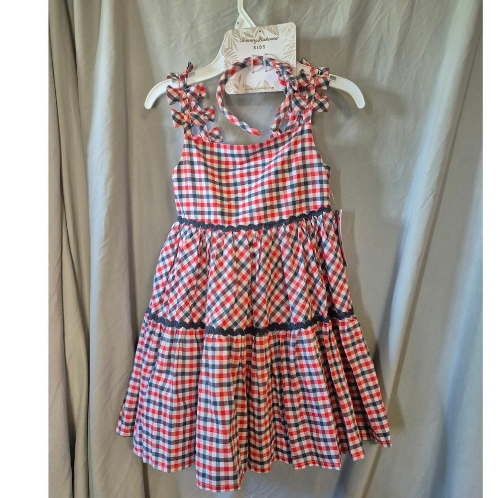 Tommy Bahama Kids Red White Blue Gingham Plaid Tiered Dress Girls Size 5 NWT